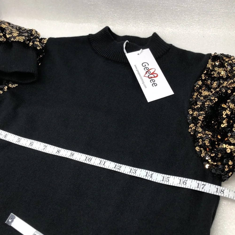NEW GeeGee Sweater Black Gold Sequins Bubble Puff Sleeves Size Small